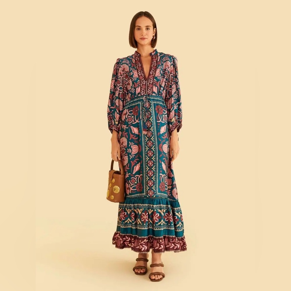 FARM Rio NWT Size M Teal Seashell Tapestry Maxi Dress